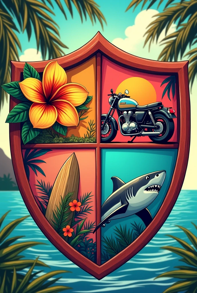 four-section shield, inside them go: a flower from hawaii, a surfboard, A motorcycle and a shark drawn in Hawaiian style, and under the shield that bears the words: may you have grace in your step song in your hand and aloha in your heart