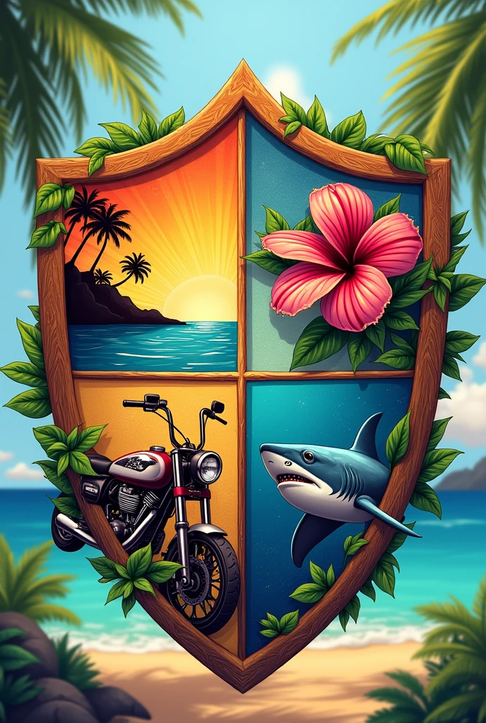 four-section shield, inside them go: a flower from hawaii, a surfboard, A motorcycle and a shark drawn in Hawaiian style, and under the shield that bears the words: may you have grace in your step song in your hand and aloha in your heart
