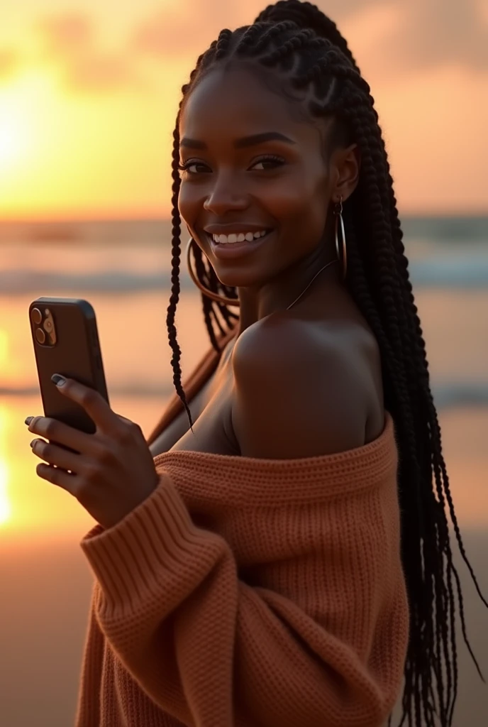 (photorealism: 1.2), sexy and hot black girl in sexy dynamic pose. raw portrait photography, hyper realistic and detailed face, complex and realistic skin texture, hot body with loose sweater, athletic body, smiling, at the seaside, long black hair with braid, brazilian, with iPhone 15 pro in selfie, with sunset, relaxed pose, realistic, complex details, warm colors