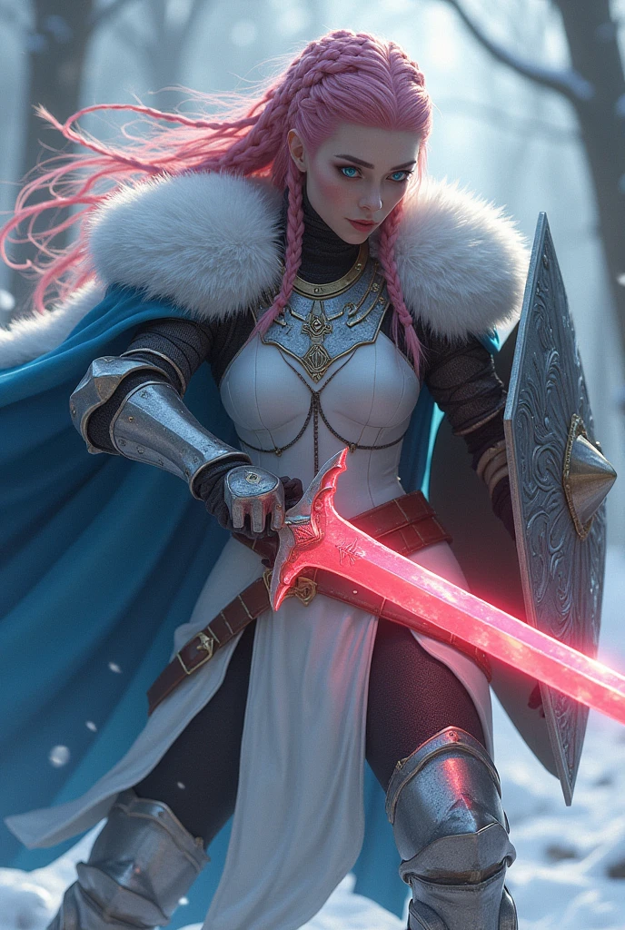 ((upper torso, armored female armor kinght, battle worn white lacquered gloss armor:1.6, fur, blue cloak, ((((supermodel, triangularface, pointed chin)), long hair [bright pink long hair:tan hair:0.7], black lips))), iceblue eyes, blackout eyeshadow, iron tiara), braids, massive glowing red fang engraved sword, shield, windy, outdoor frozen snow snowy forest, dynamic battle pose, lunging, side view
