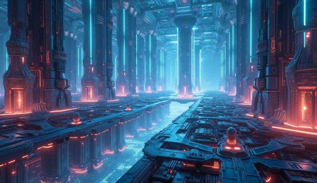 a technological labyrinth in the universe, futuristic sci-fi landscape, ethereal energy fields, glowing neon structures, complex machinery, floating platforms, complex circuits, holographic screens, dynamic lighting effects, cinematic camera angle, digital art, 8k, high quality, photorealistic, intricate details, stunning images, vibrant colors, spectacular lighting, perfect composition in landscape format
