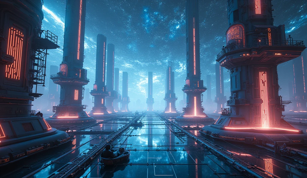 a technological labyrinth in the universe, futuristic sci-fi landscape, ethereal energy fields, glowing neon structures, complex machinery, floating platforms, complex circuits, holographic screens, dynamic lighting effects, cinematic camera angle, digital art, 8k, high quality, photorealistic, intricate details, stunning images, vibrant colors, spectacular lighting, perfect composition in landscape format