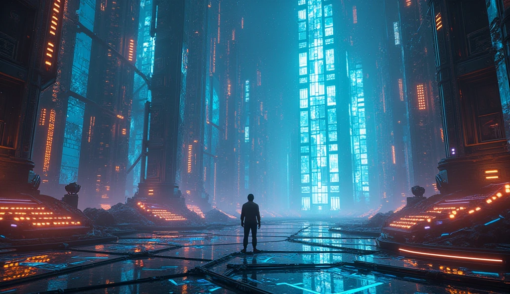 a technological labyrinth in the universe, futuristic sci-fi landscape, ethereal energy fields, glowing neon structures, complex machinery, floating platforms, complex circuits, holographic screens, dynamic lighting effects, cinematic camera angle, digital art, 8k, high quality, photorealistic, intricate details, stunning images, vibrant colors, spectacular lighting, perfect composition in landscape format
