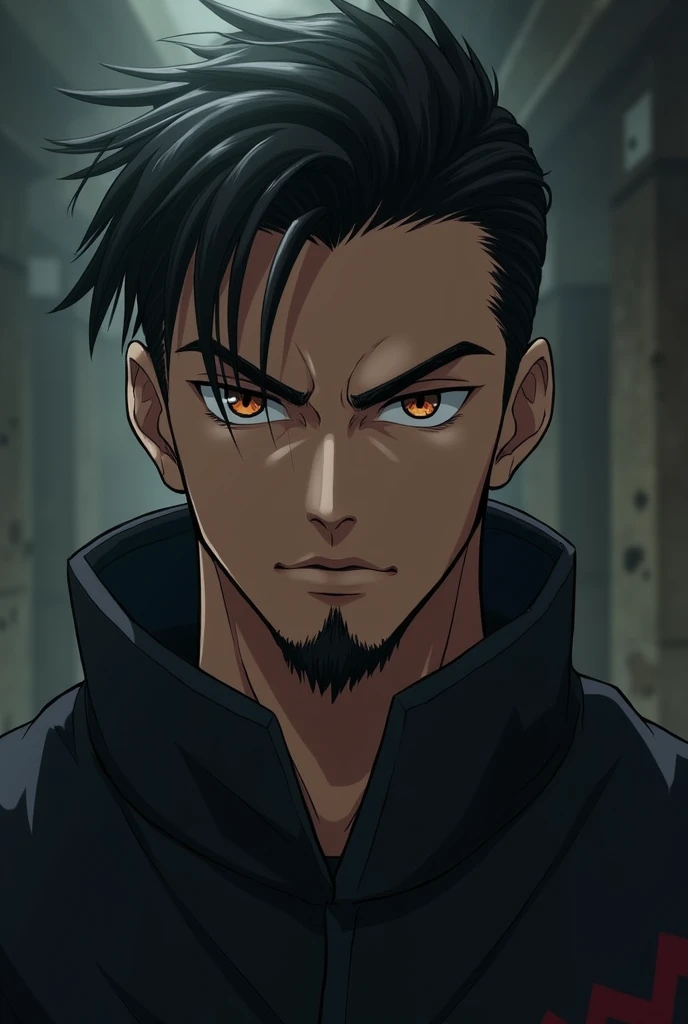 Young man character with black slicked back hair, dark brown eyes, a scar on the corner of his lip and a short demon slayer anime style beard