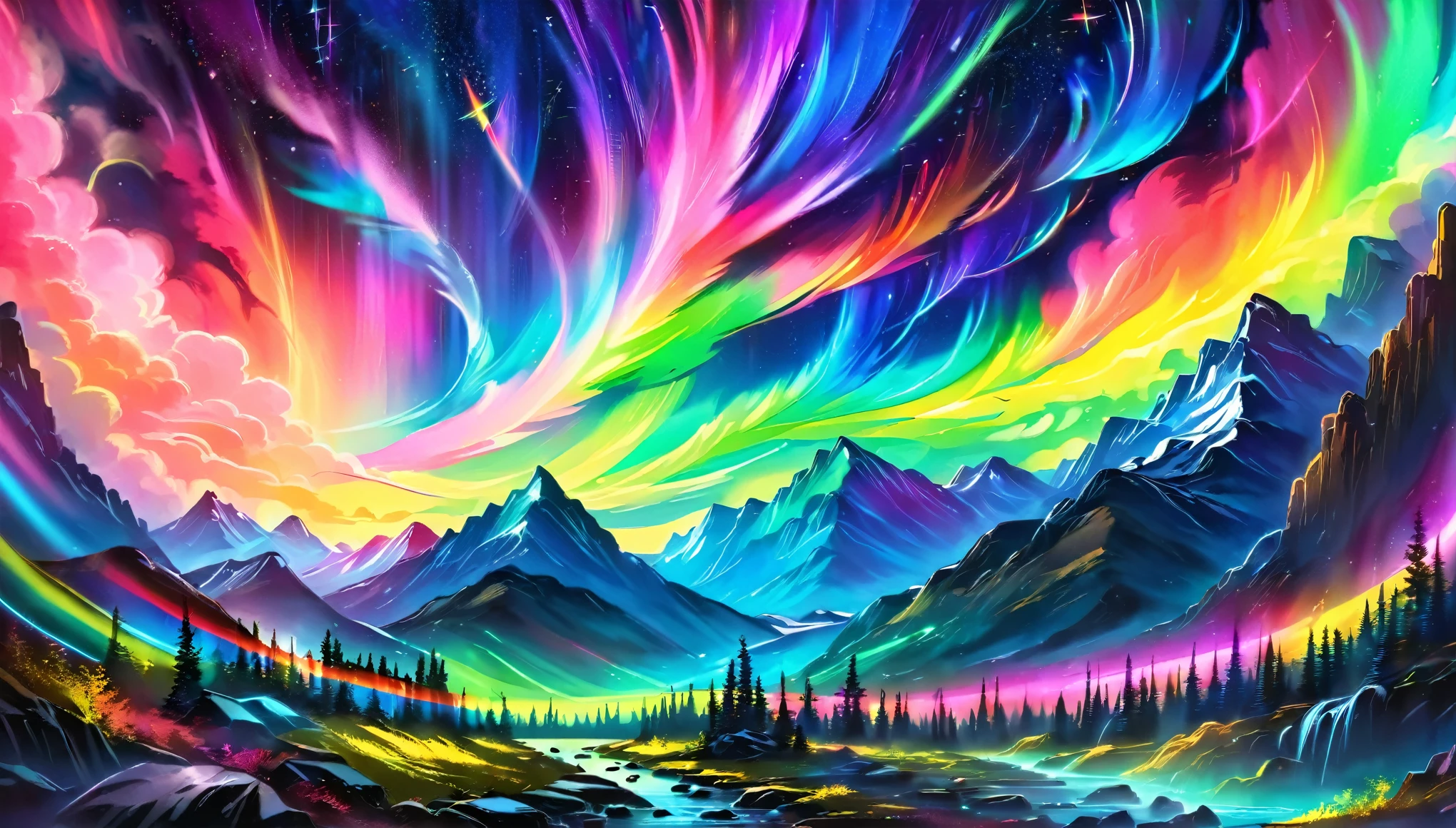 (Ethereal, fluorescent colors, neon lights,), aurora_borealis, vibrant colors BREAK, 3d render BREAK, (masterpiece), best quality, highres, 4k, 8k, cinematic lighting, amazing quality, amazing shading, soft lighting, light particles floating, eerie aura, chromatic aberration, colorful space galaxy, dynamic angle, starry night, intricate detail, extremely detailed, Illustration, official artwork, anime style, wallpaper, official art, 35mm, analog style, a realistic photo, film grain, (photorealistic:0.6), taken by a canon eos r5, ultra detailed, chromatic aberration, colorful, bright colors,