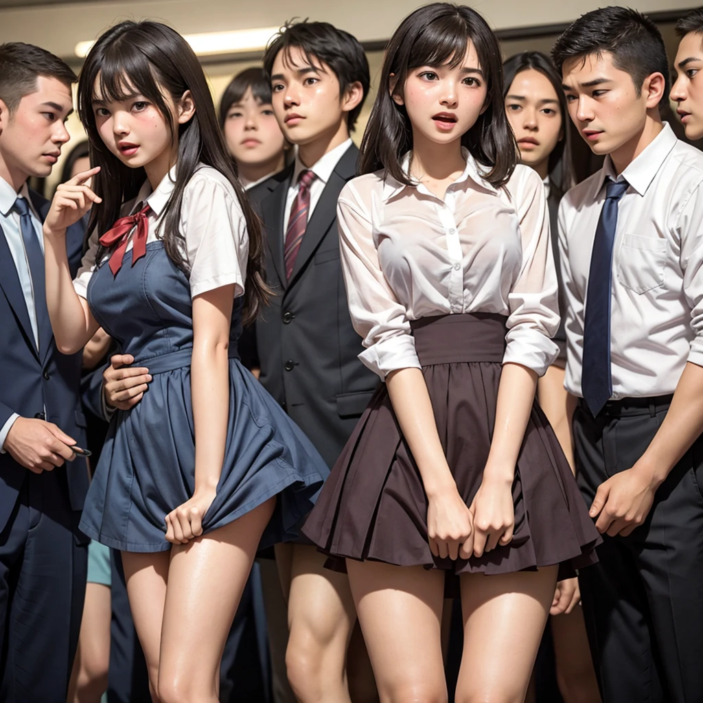 Beautiful innocent high school girl surrounded by excited high school boys, A cute, childlike face like an idol, A high school boy rips his uniform off to reveal his underwear, A high school boy grabs my breasts from behind, Anatomically correct, Being molested by a group of high school boys, Surprise the audience, Beautiful wavy brown medium bob hair, Screaming with her mouth open in shame at being seen, blush, Body flushed red, Wet with sweat, Increased sensitivity, Tears overflow from your beautiful eyes, Ultra high definition, Slender body, Can be smelled from close range, Japanese, Cowboy Shot