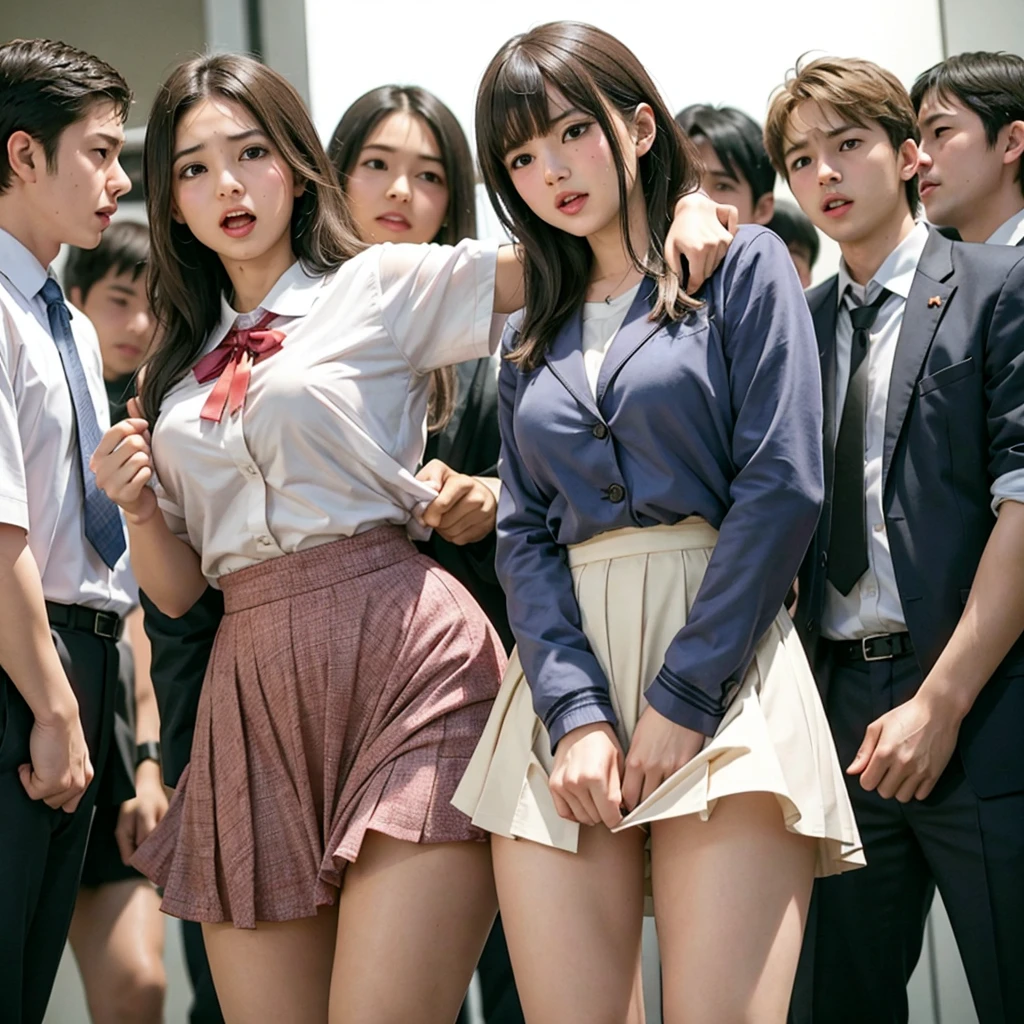 Beautiful innocent high school girl surrounded by excited high school boys, A cute, childlike face like an idol, A high school boy rips his uniform off to reveal his underwear, A high school boy grabs my breasts from behind, Anatomically correct, Being molested by a group of high school boys, Surprise the audience, Beautiful wavy brown medium bob hair, Screaming with her mouth open in shame at being seen, blush, Body flushed red, Wet with sweat, Increased sensitivity, Tears overflow from your beautiful eyes, Ultra high definition, Slender body, Can be smelled from close range, Japanese, Cowboy Shot