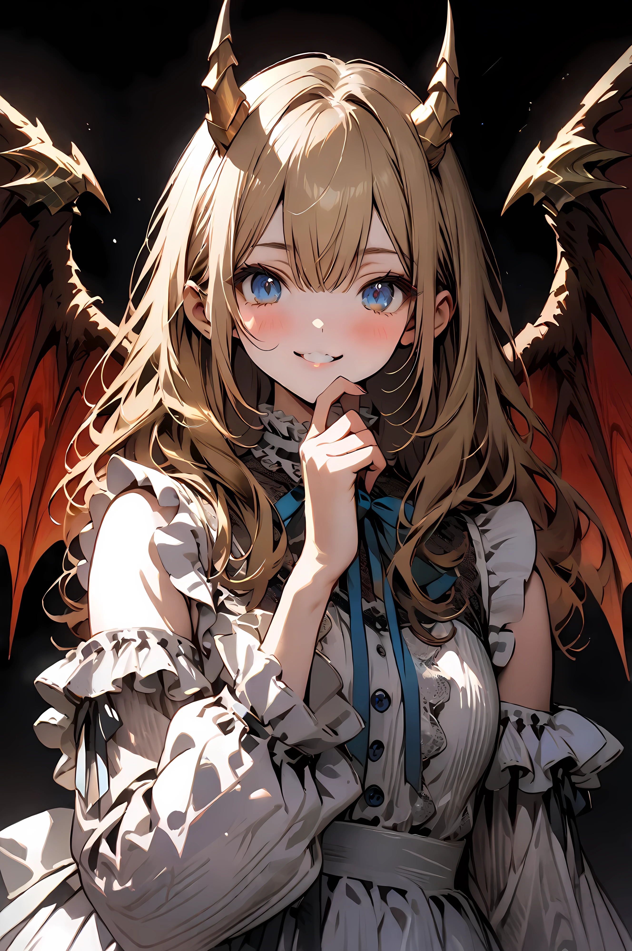 Head to Toe, masterpiece, Highest quality, Very detailed, High resolution, (Cat Eyes:1.5), (Beautiful attention to detail:1.4), Beautiful fingers, One person, Blonde, (Medium length hair:1.5), Red Dragon Wings, Nico Nico Smile, smile, (Dragon Horn:1.5), (Black background:1.1), (whole body:1.8),  Are standing, (Blue White Gold Lace Ruffles:1.5), Shoot from the front, View your viewers, Japanese anime, original character, Fantasy