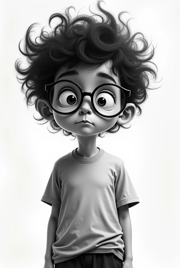 boy with curly hair and glasses, about , in a T-shirt and shorts, in the style of Tim Burton, black and white with strokes 