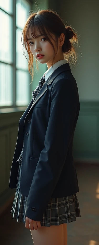 magaminoriko, The Devil&#39;s Way,8K RAW Photos, Highest quality, masterpiece, High resolution, Film Grain, movie, One person, View your viewers, Natural skin texture, Realistic eye and facial details, full 唇, Lip tick, 1girl, high school student, JK, アニメ, uniform, Japanese schoolgirl, Semi-long hair, (masterpiece:1.3), (Best image quality: 1.4), Japanese schoolgirl, (Random Hairstyles:1.2), check skirt, white suit, Tie Striped, Skirt length short, Black Shoes, sox 紺, Blue Navy Skirt, Blazer Navy, Pose with your butt facing towards yourself, Light brown hair, Brown, light golden hair, brown gold hair, light 唇, Chest Large, Tall Woman, skinny, slim_feet, Pose with your butt facing towards yourself, smile, Close your mouth, No head, no horn,