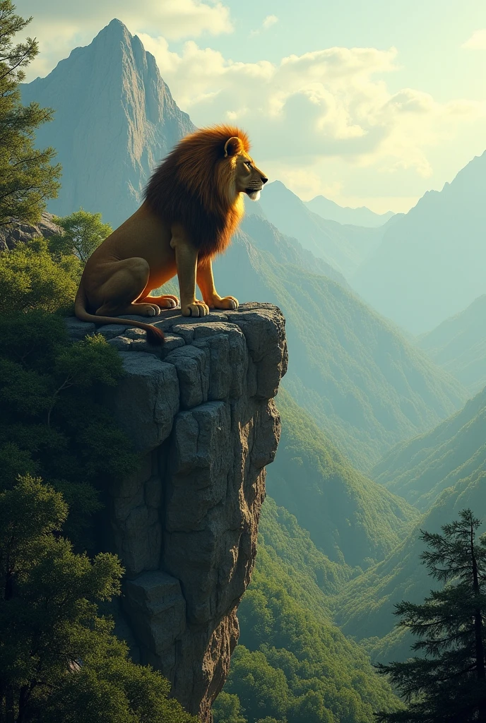 lion seet on the mountain in forest