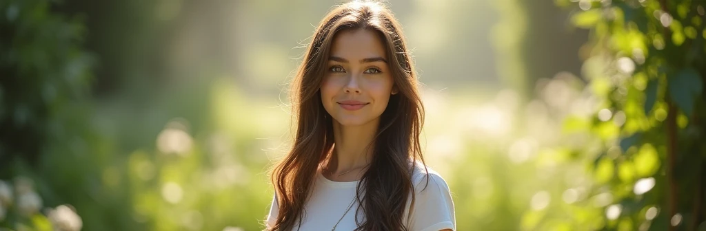 fot, taken from a distance that shows the entire body, She is very young, plein-air, em um jardim, short skirt and t-shirt, Caucasian skin, sad for a lost love, long brown hair, a softened wry smile - contained excitement, Soft lighting on your face, realistic skin-clothes-hair textures, sky blue eyes carpeted mist, beautiful real textures and delicate aesthetics, full body view, notable for natural feminine beauty, noise, 8 k quality, FOTO RAW, by professional photographer, rule of thirds, Extremely Detailed