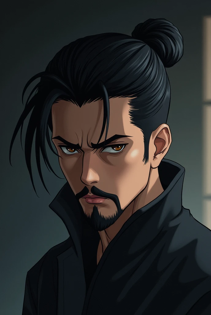 Young man character with black slicked back hair, dark brown eyes, a scar on the corner of his lip and a short demon slayer anime style beard
