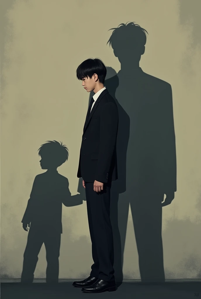 Shadow of a 23-year-old Asian man in a suit with his college boyfriend and  son