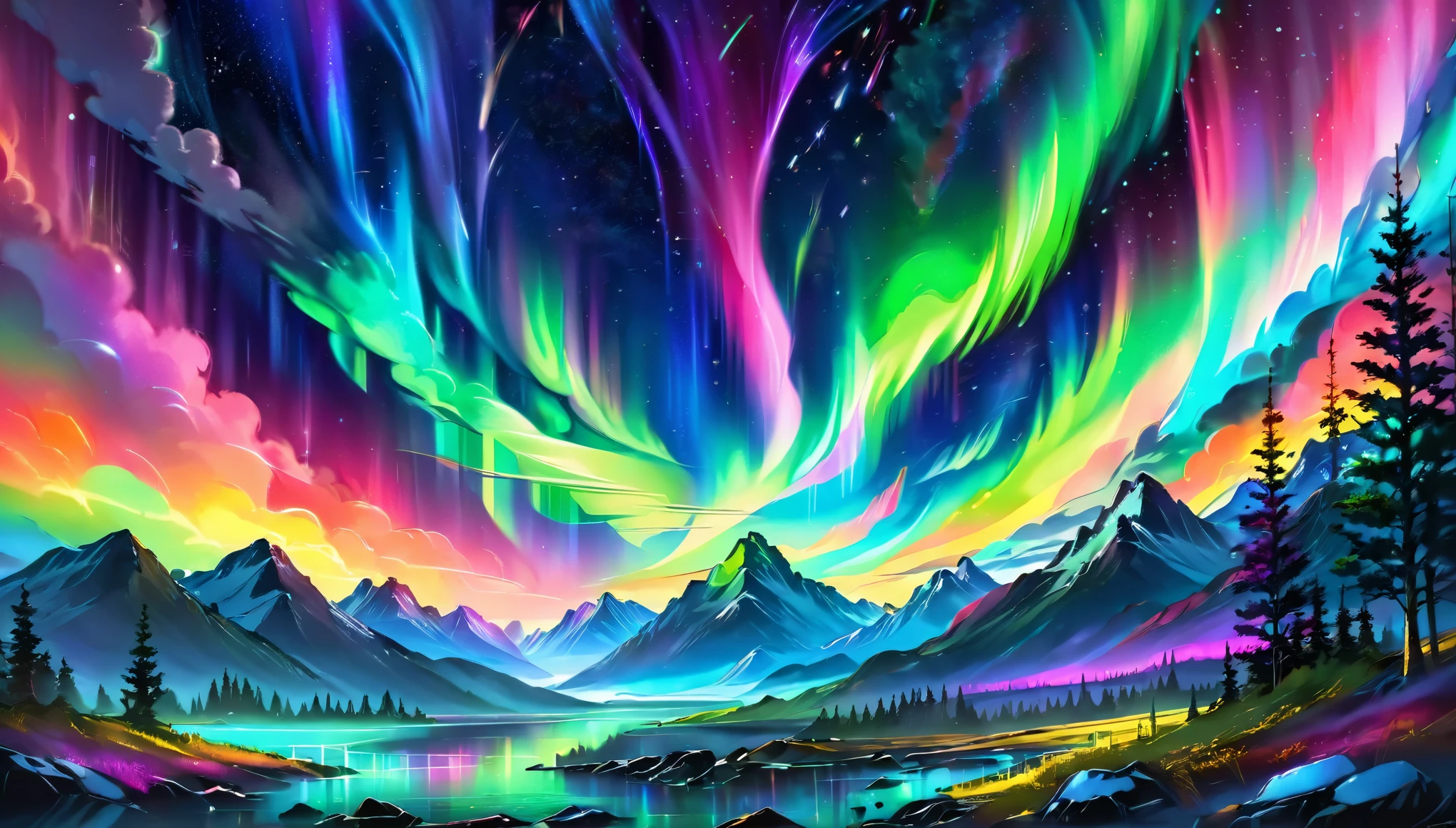 (Ethereal, fluorescent colors, neon lights,), aurora_borealis, vibrant colors BREAK, 3d render BREAK, (masterpiece), best quality, highres, 4k, 8k, cinematic lighting, amazing quality, amazing shading, soft lighting, light particles floating, eerie aura, chromatic aberration, colorful space galaxy, dynamic angle, starry night, intricate detail, extremely detailed, Illustration, official artwork, anime style, wallpaper, official art, 35mm, analog style, a realistic photo, film grain, (photorealistic:0.6), taken by a canon eos r5, ultra detailed, chromatic aberration, colorful, bright colors,