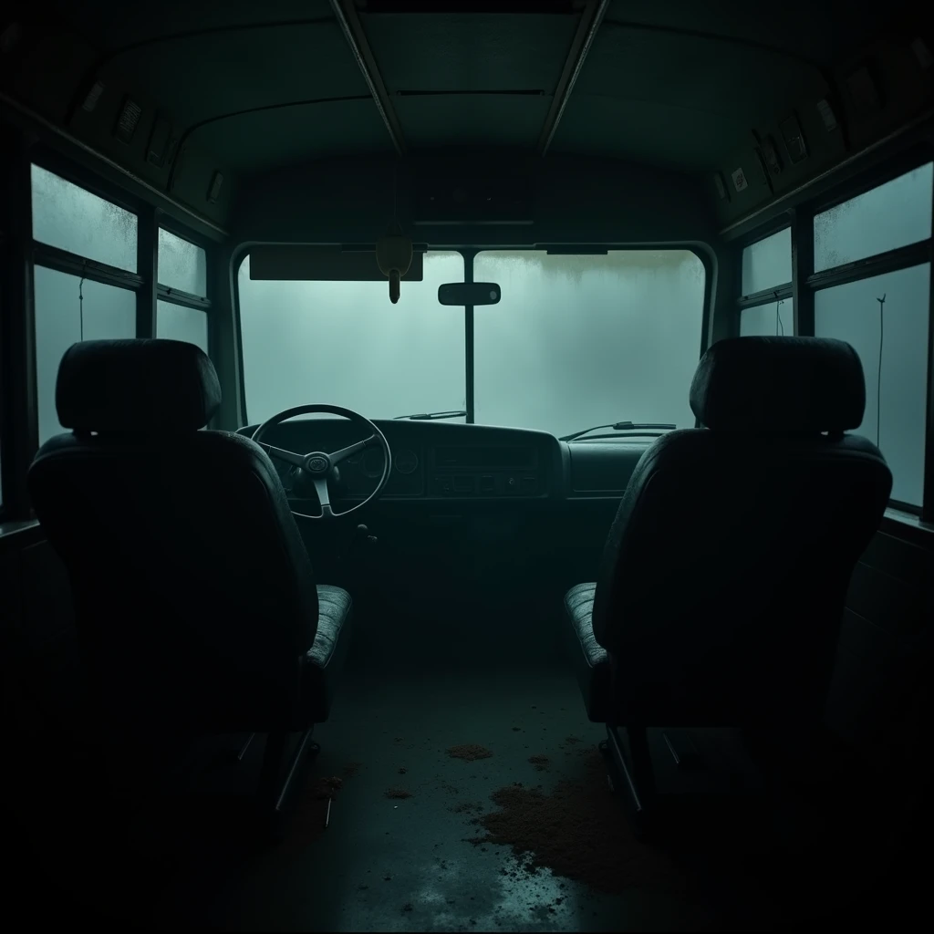 An empty driver’s seat in a dimly lit bus