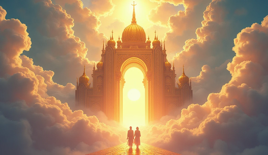 "A vision of a radiant, heavenly city in the clouds, with humble people entering through golden gates, smiles of joy and peace on their faces, ar 16:9"
