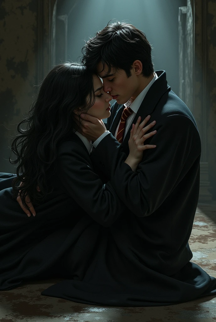 Draw a woman and a man with black hair and white skin kissing intensely wearing the Hogwarts uniform on the floor of a secret chamber, the place should be dark and gloomy and the expressions on their faces should be intense and somber, they were enemies and finally assumed their mutual desire