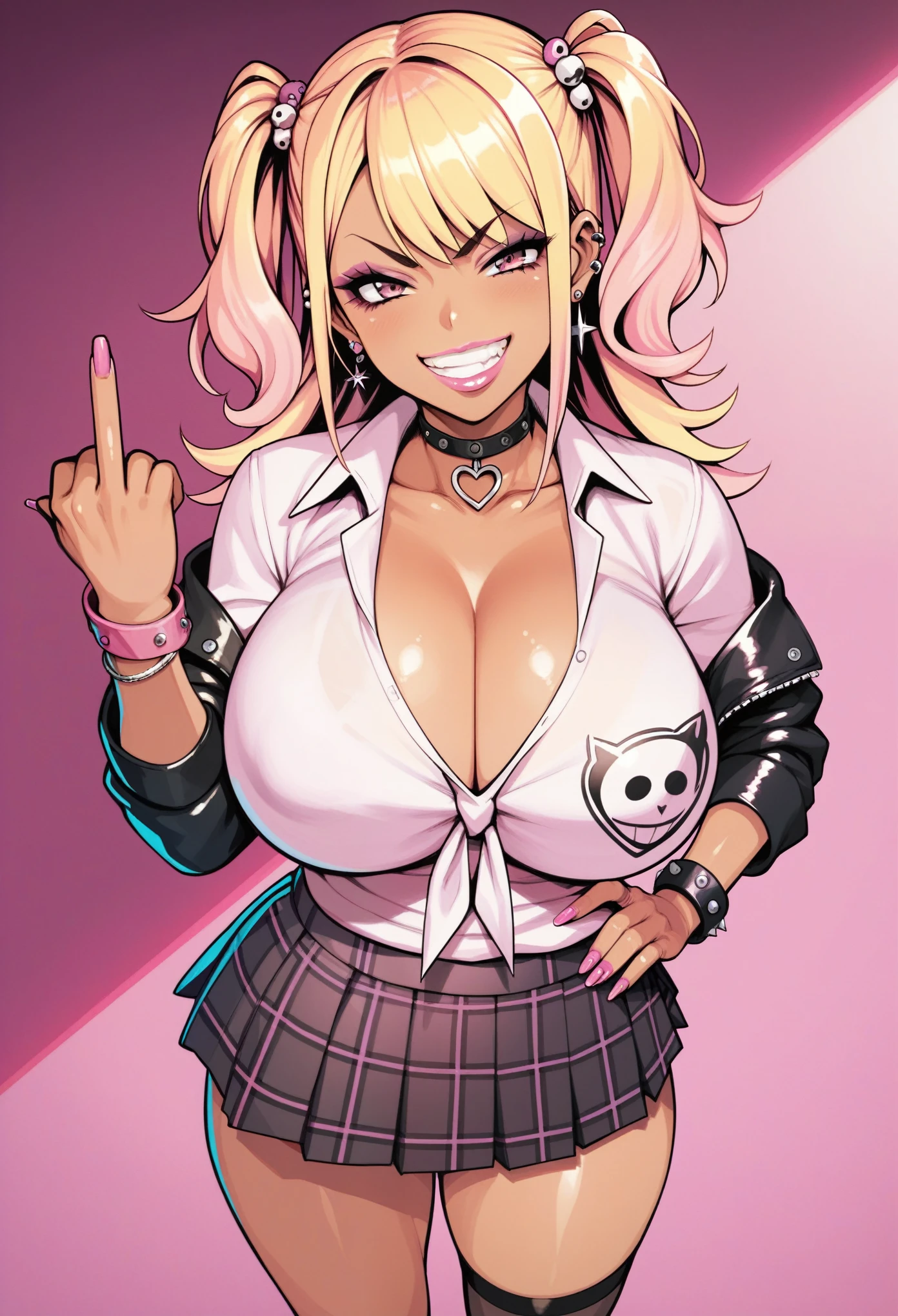 big lips, pink blonde hair, pink eyes, japanese face, gyaru, two side up, huge breasts, wide hips, sexy, pink theme, kawaii, detailed, pink room, decora, bangs, evil grin, gyaru outfit, kawaii, pleated skirt, punk, goth, pink and black outfit, plaid skirt, punk shirt, choker, middle finger
