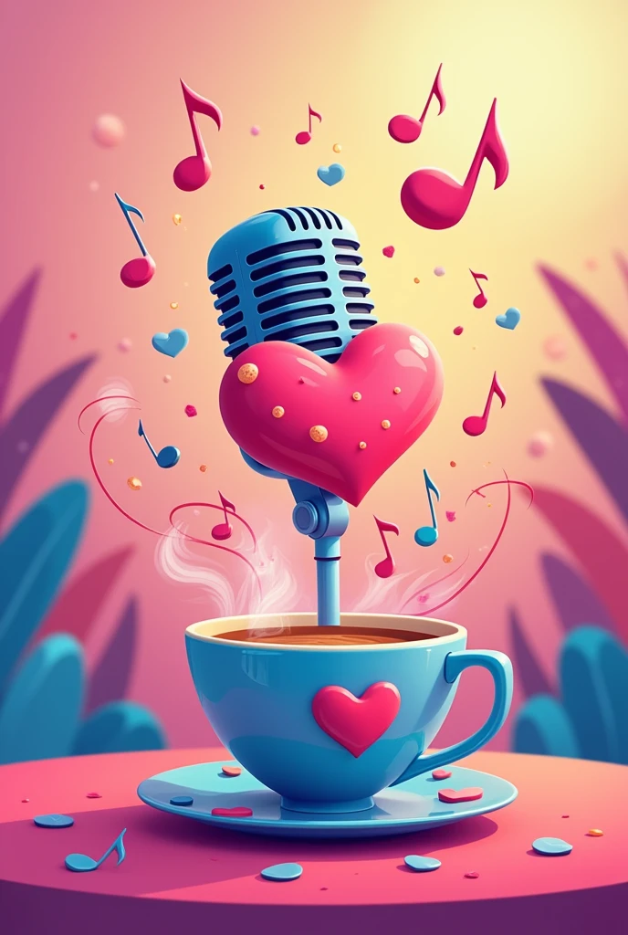 A logo with a heart microphone and music notes and bright pastel colors And a coffee with a heart