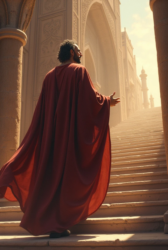 Zarathustra with a liver-colored robe (Maroon) He climbs up the stairs of heaven, in the background, Lashkar Diwan is watching him