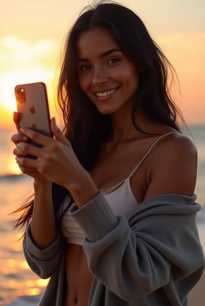 (photorealism: 1.2), hot sexy black girl in sexy dynamic pose. raw portrait photography, hyper realistic and detailed face, complex and realistic skin texture, hot body with loose sweater, athletic body, smiling, at the seaside, black long hair, brazilian, with iPhone 15 pro in selfie, with sunset, relaxed pose, realistic, complex details, warm colors