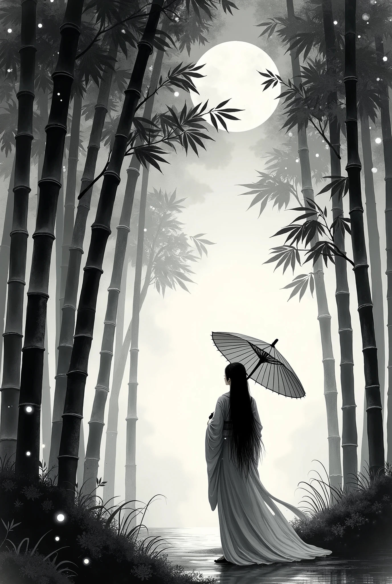 dynamic ink painting of a bamboo grove, black and white,monochrome, great art, great sense of depth, ground level shot, the most beautiful bamboo grove in the world, bamboo leaves shining through rainwater, moon\(pale blue\) with a light overcast, beautiful woman\(ancient Japanese noble, beautiful kimono, beautiful long black hair\) looking up at the moon holding an umbrella, fireflies flying around, bamboo leaves are placed three-dimensionally in the foreground, long shot