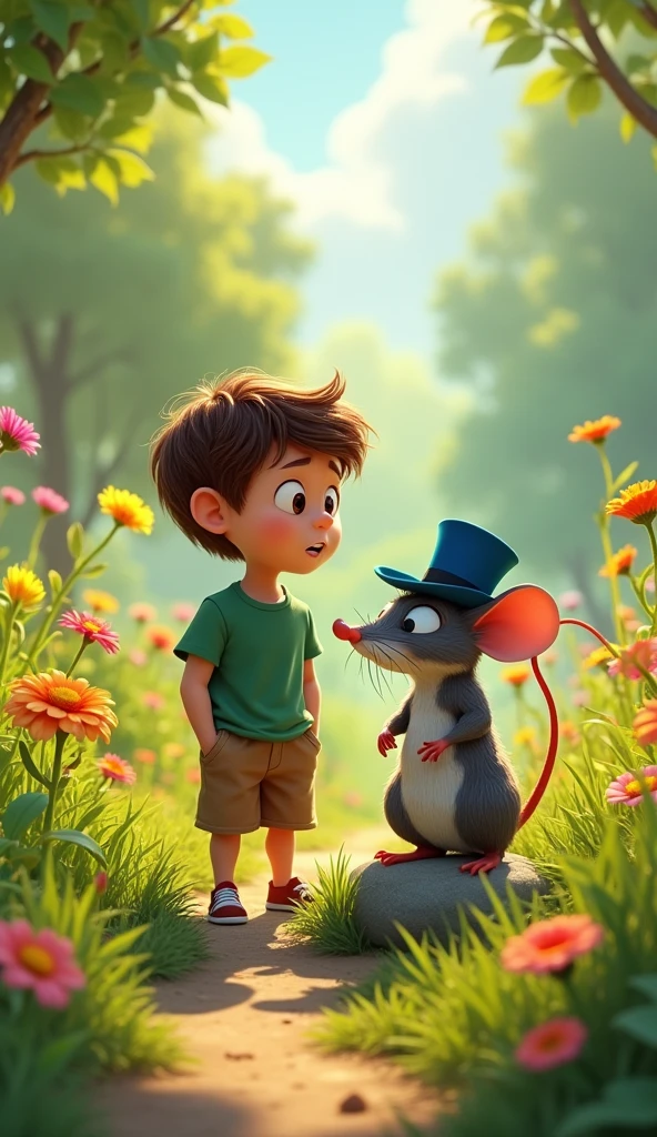 "A curious young boy named Léo, around , with brown hair, a green shirt, and brown shorts, is standing in a vibrant garden filled with colorful flowers and tall grass. In front of him, on a small rock, is a small, friendly rat wearing an elegant blue hat. The scene is bright and sunny, with the garden full of life, and Léo's face shows surprise and curiosity as he spots the unusual rat."
}