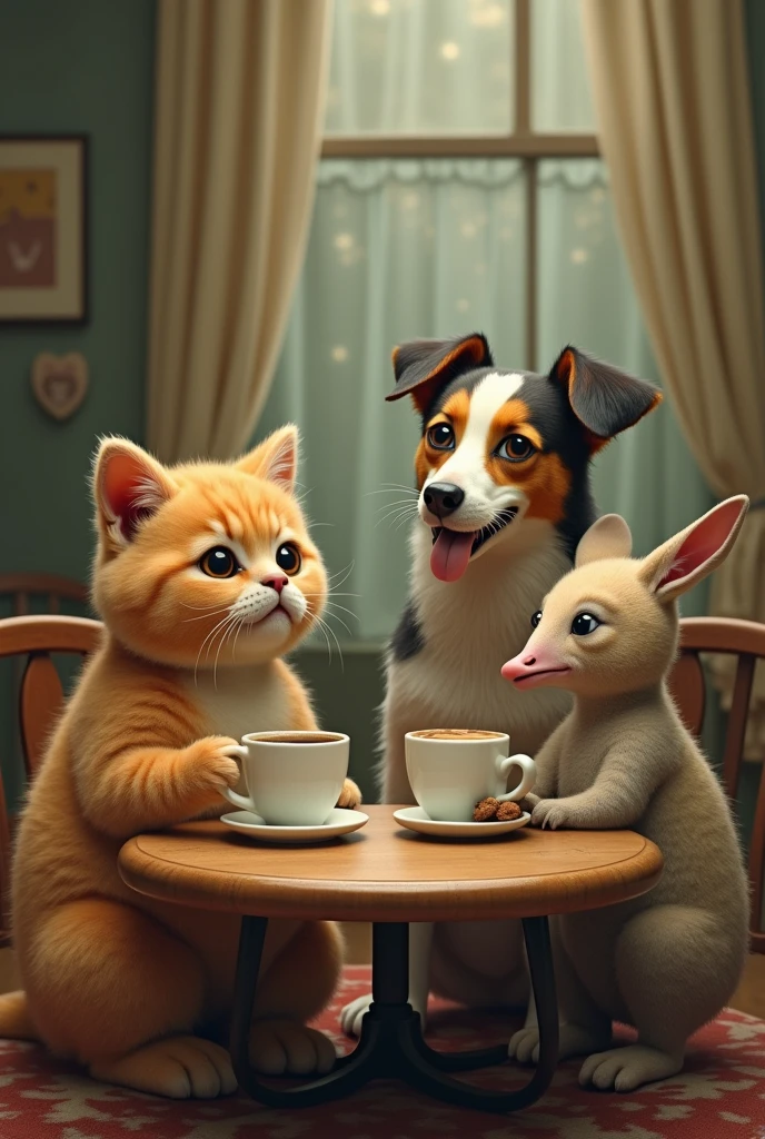 A cat, a dog, platypus and a baby drinking coffee at a round table 