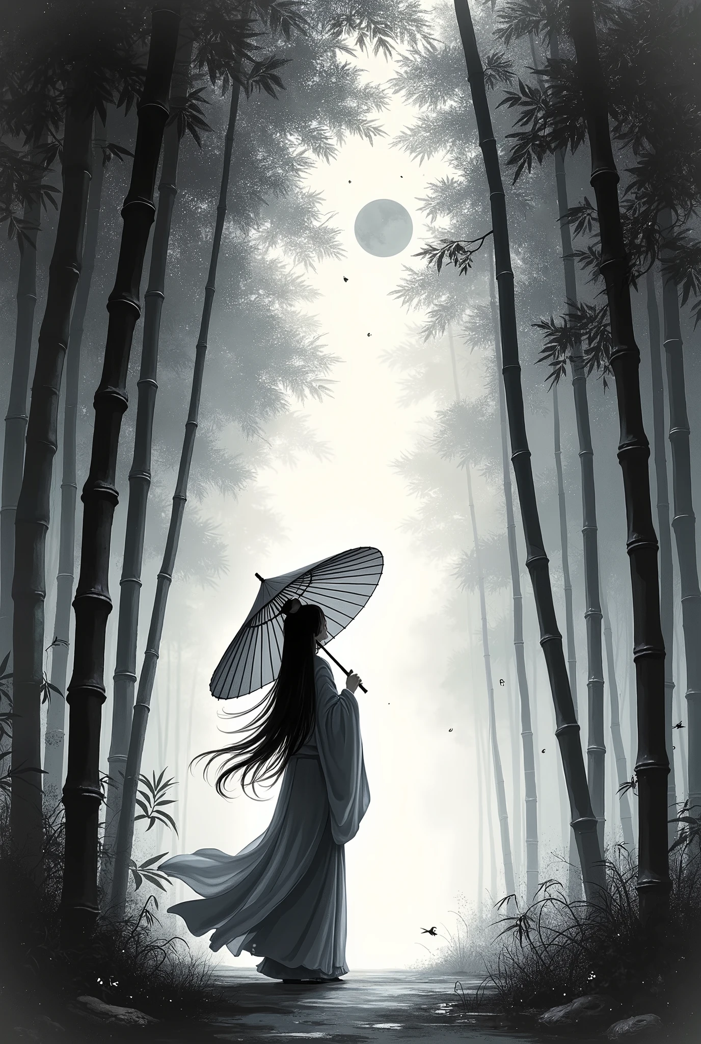 dynamic ink painting of a bamboo grove, black and white,monochrome, great art, great sense of depth, ground level shot, the most beautiful bamboo grove in the world, bamboo leaves shining through rainwater, moon\(pale blue\) with a light overcast, beautiful woman\(ancient Japanese noble, beautiful kimono, beautiful long black hair\) looking up at the moon holding an umbrella, fireflies flying around, bamboo leaves are placed three-dimensionally in the foreground, long shot