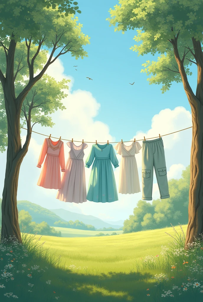 In the serene countryside, the afternoon sun casts a warm glow over a quiet yard where clothes hang on ropes strung between two slender trees. Soft pastel shades of women's long dresses, kids' cheerful outfits, and men's long pants sway gently in the breeze. The light, pastel colors—pale blues, soft pinks, and gentle greens—contrast beautifully with the lush greenery and the expansive sky. This simple, tranquil scene embodies the harmony of rural life, with the garments softly dancing in the sunlit air.