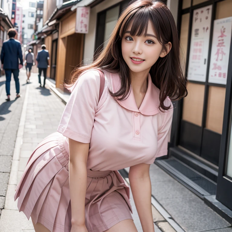 laughing out loud，pink collar, Wear Kitauji High School uniform, Sailor Suit, Pink pleated skirt, Pink collared clothes on white background, (knee shot), 1 girl, On the face, light brown hair, blunt bangs, hair behind ears, Hair over the shoulders, long hair, Slender body type, Super thin face, face slimming, delicate lips, beautiful eyes, Thin blush, Eyes are light brown,Check it out here, (realistic:1.3), Standing next to a street in Kyoto, Japan, 8k, , Super detailed, high quality, best quality, High resolution, ，Large Breasts，H CUP, 3