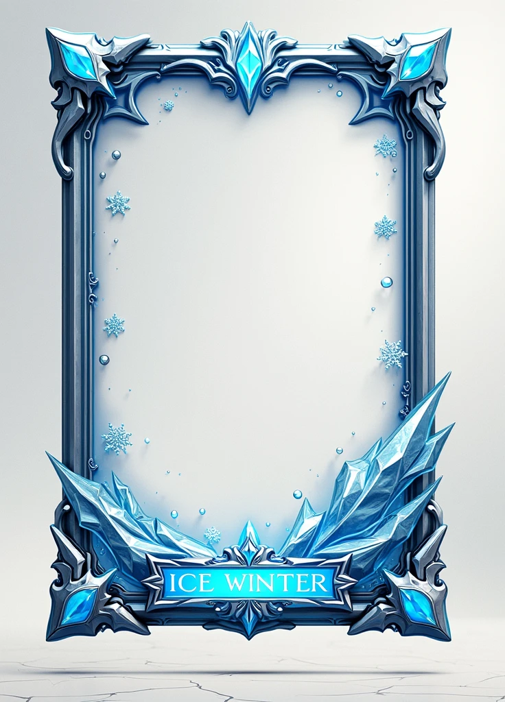 Design a 3D stylized card frame for an ice/winter-themed character with a strong, bold structure. The frame should use icy blues, frosty whites, and shimmering silver shades with glowing snowflake effects around the edges. Incorporate icicle motifs at the top, metallic silver corners with a frosted texture, and crystal-like patterns on the sides that resemble the formation of ice. The bottom section should feature a frozen texture with cracks filled with a subtle blue glow and engraved ice symbols. Add a nameplate at the bottom, designed to look like a carved block of ice, with the text in a sharp, frosty font that embodies the chilling theme. The overall design should reflect the cold beauty and strength of ice while providing space for character art and stats