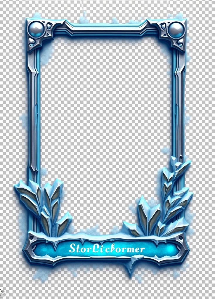 Design a 3D stylized card frame for an ice/winter-themed character with a strong, bold structure. The frame should use icy blues, frosty whites, and shimmering silver shades with glowing snowflake effects around the edges. Incorporate icicle motifs at the top, metallic silver corners with a frosted texture, and crystal-like patterns on the sides that resemble the formation of ice. The bottom section should feature a frozen texture with cracks filled with a subtle blue glow and engraved ice symbols. Add a nameplate at the bottom, designed to look like a carved block of ice, with the text in a sharp, frosty font that embodies the chilling theme. The overall design should reflect the cold beauty and strength of ice while providing space for character art and stats