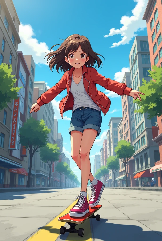 A girl, anime style with brown hair, wavy shoulder length, skating on a penny