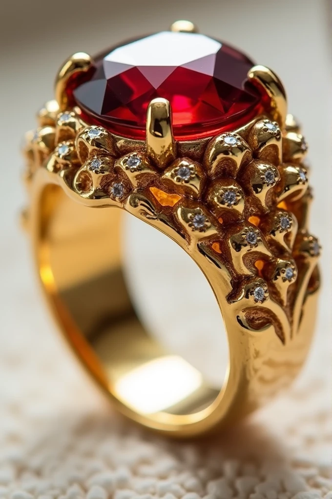 Thick gold ring with the word ISABELLA written on it with a red stone