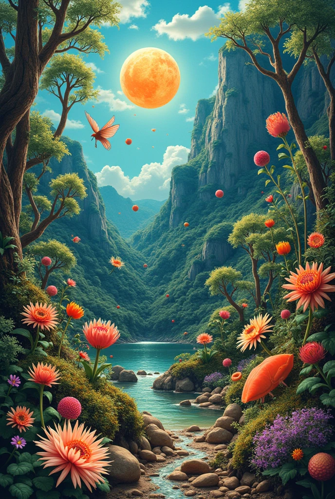 Make a collage that includes the themes of the origin of life and the environment, photosynthesis and chemothesis, fermentation and cellular respiration, and the environment and its components.