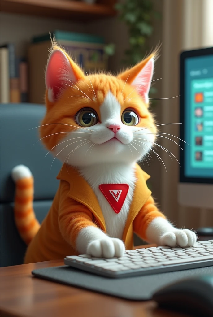 An orange white cat with is waiting for hamster kombats listing on computer wearing a dress with red Triangle logo