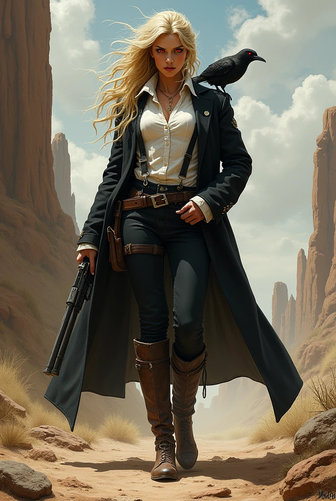 I would like a tainted woman with long, wild, and blond messy hair, red eyes. She wears a black bounty hunter overcoat, a white shirt with the middle open, suspenders, a long brown boot, pants, and holds a weapon in her hand. She also has an bird perched on her shoulder. I would like her to have a mature style and for the art to be in a fantasy RPG style set in the Old West.
