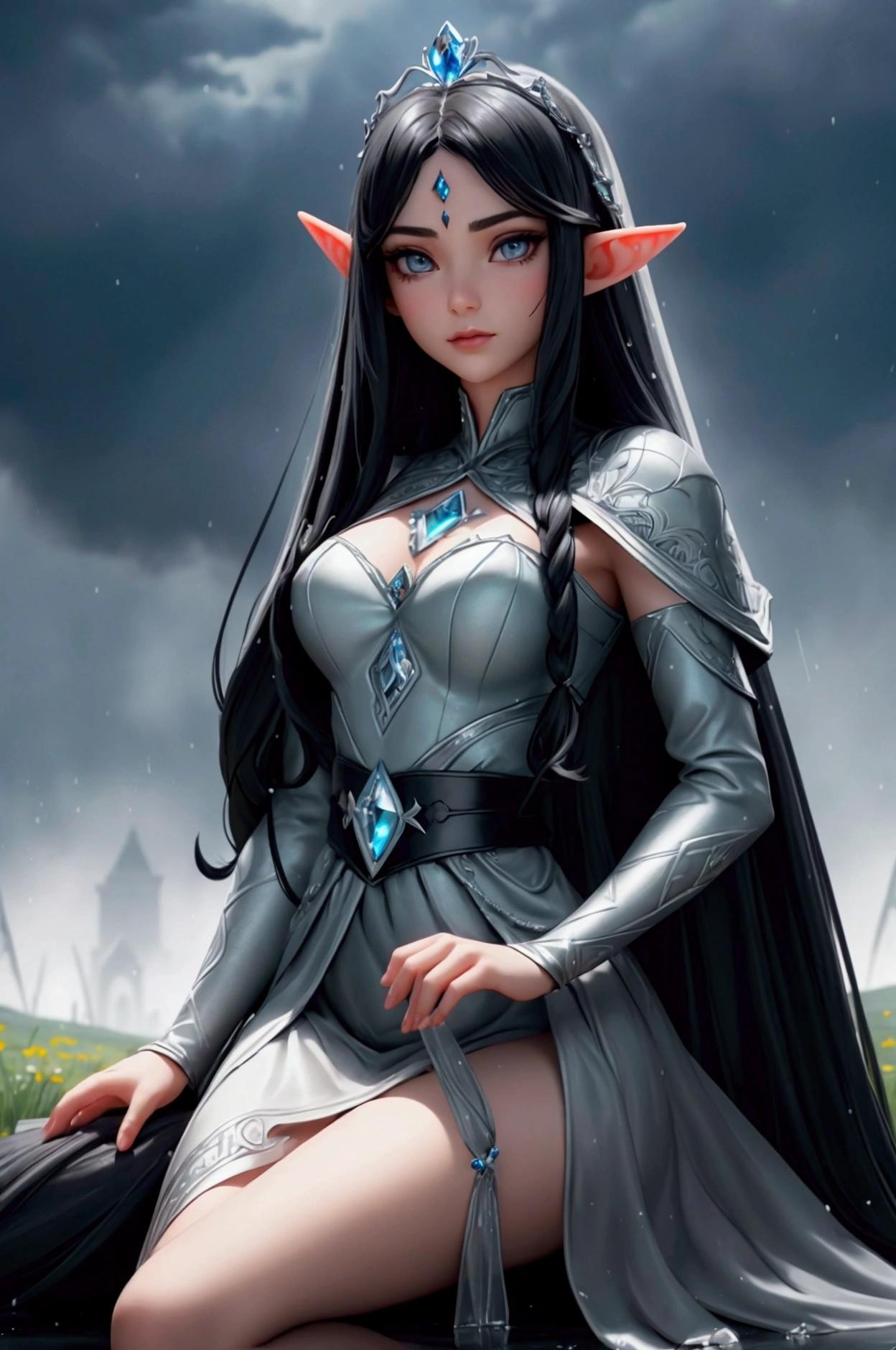a young and beautiful elf princess, with elven tattoos, beautiful pale face, gray eyes, beautiful black hair with a crystal tiara, rides her beatiful black horse, it is raining torrentially, thunder is falling, the sky is extremely dark, in the background you can see in the distance a meadow on the outskirts of an immense castle, cinematic lighting, pixar style, long shot