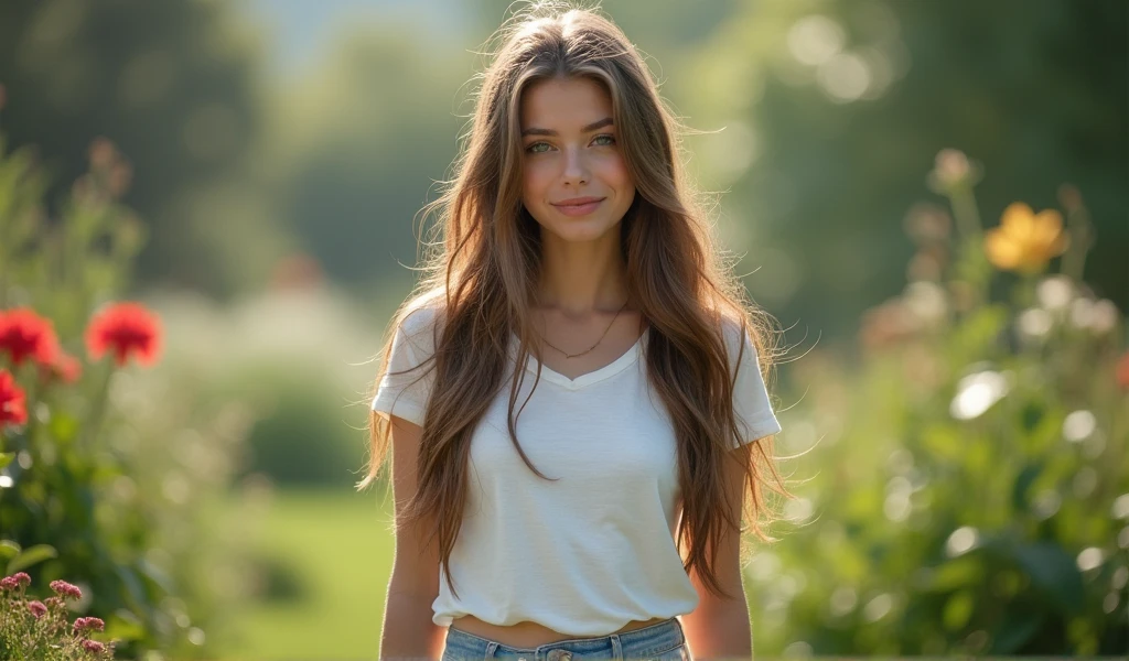 fot, taken from a distance that shows the entire body, She is very young, plein-air, em um jardim, short skirt and t-shirt, Caucasian skin, sad for a lost love, long brown hair, a softened wry smile - contained excitement, Soft lighting on your face, realistic skin-clothes-hair textures, sky blue eyes carpeted mist, beautiful real textures and delicate aesthetics, full body view, notable for natural feminine beauty, noise, 8 k quality, FOTO RAW, by professional photographer, rule of thirds, Extremely Detailed