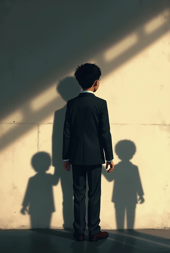 Shadow of a 23-year-old Asian man in a suit with his college boyfriend and son