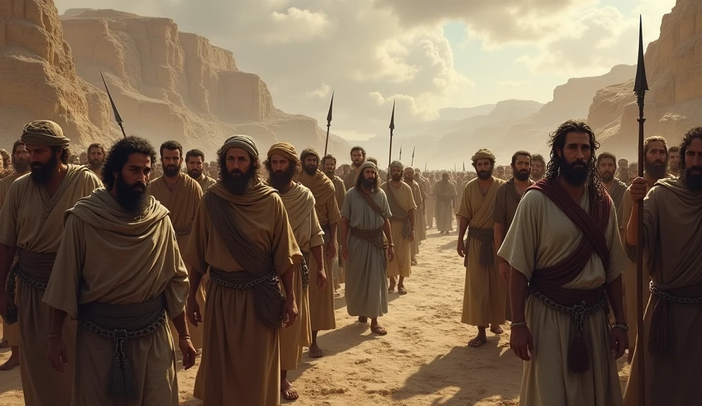 Description: A depiction of the dispersion of the Israelites throughout the land. Details: The scene shows groups of Israelites scattered in different environments, as captives in Babylon, or wandering in different regions.