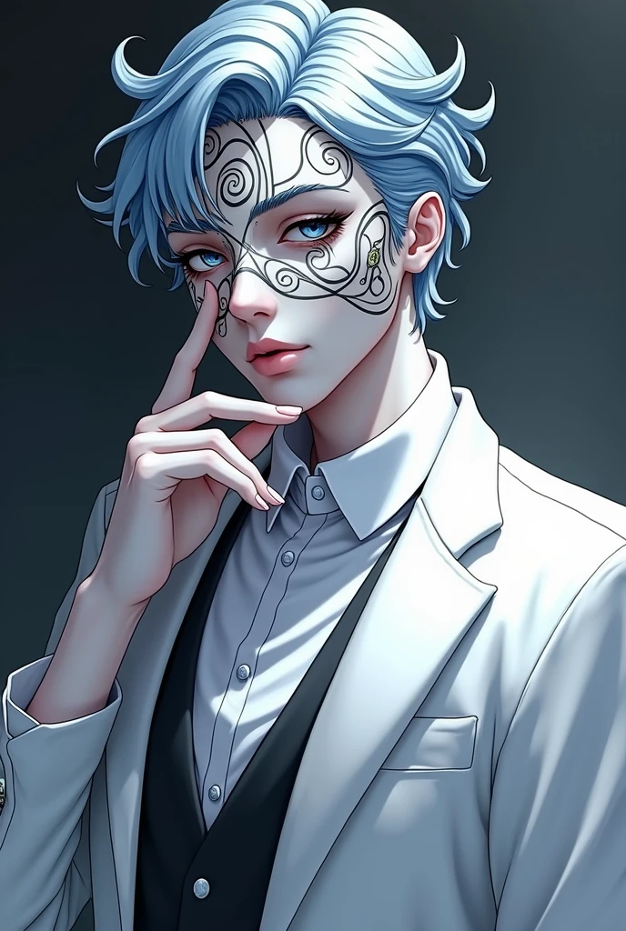 Create black swirling designs on his mask