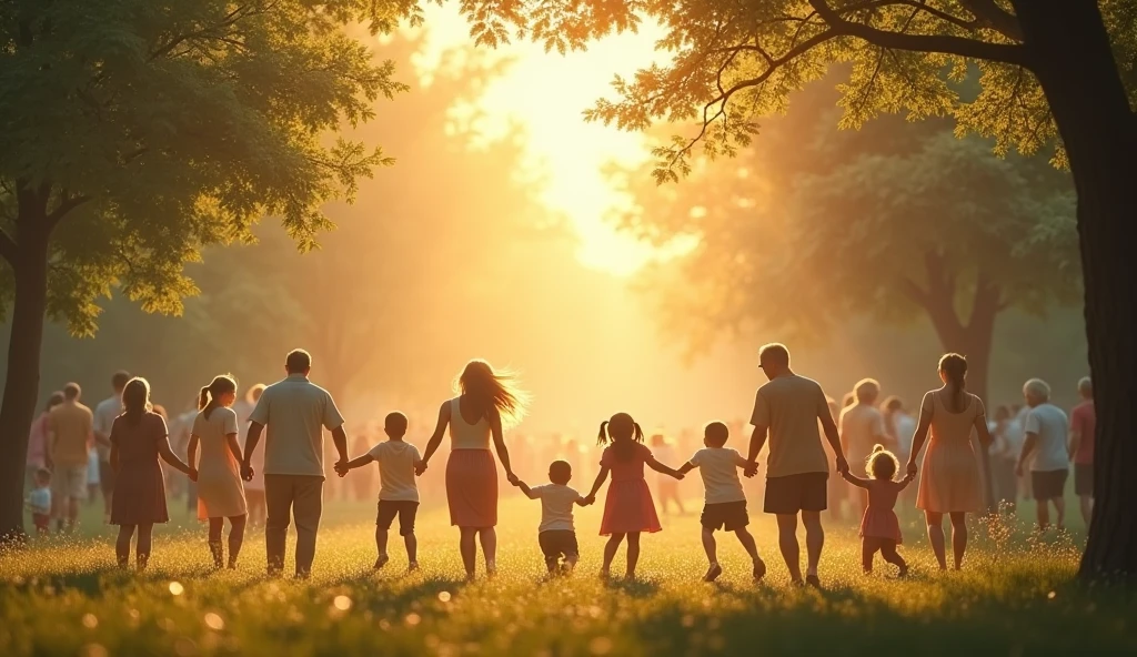 "A tranquil scene of a park where people of all ages and backgrounds are playing together harmoniously, with a soft glow of light enveloping the area, symbolizing divine approval and the title of 'children of God', ar 16:9"