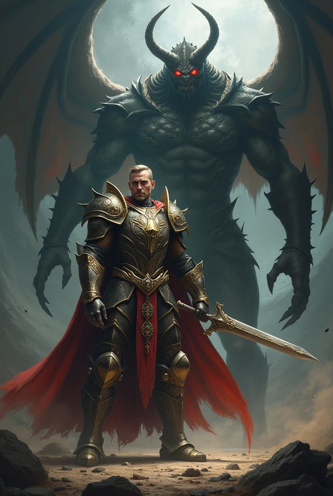 "Create a powerful image of a paladin or Templar warrior preparing to face a horrifying demon. Depict the warrior in full, intricately detailed armor, adorned with symbols of valor and faith. The armor should be gleaming and robust, reflecting light in a way that highlights its strength. The paladin should be gripping a large, ornate sword with a determined and resolute expression, standing in a defensive stance ready for battle. The demon should be depicted as a menacing, grotesque creature with dark, twisted features and a fearsome presence, looming ominously in the background. The setting should be a dramatic, dark environment, such as a desolate battlefield or a foreboding, cavernous space. Use intense, dynamic lighting to emphasize the confrontation and the stark contrast between the noble warrior and the monstrous foe."