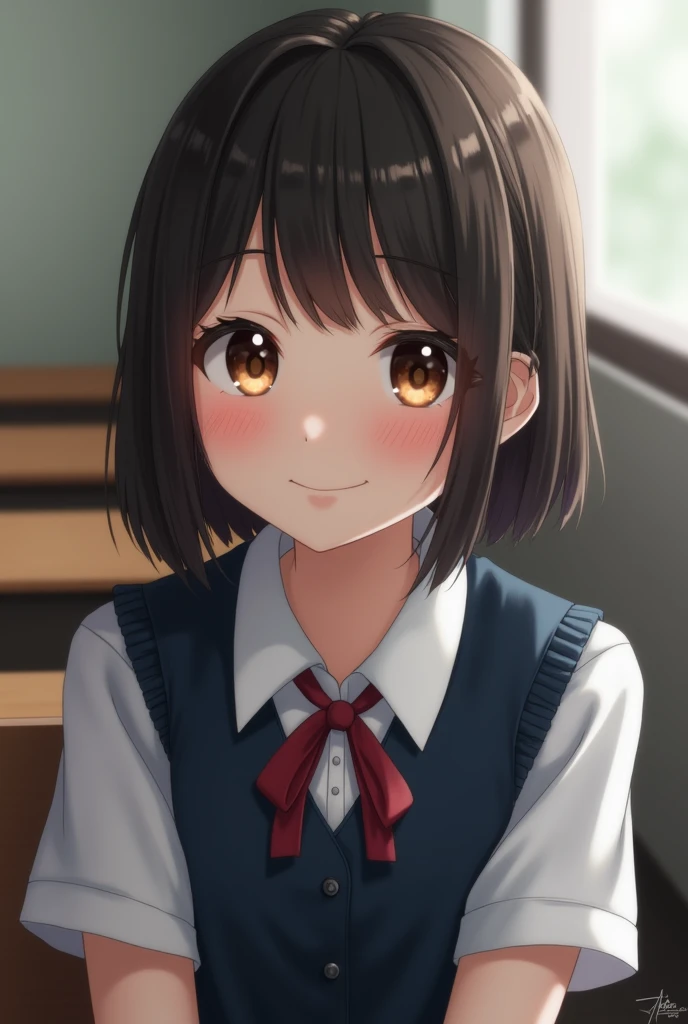 best quality, face focus, soft light, ultra high res, (photorealistic:1.4), RAW photo, 1japanese girl, solo, cute, (shy smile:0.5), (brown eyes, lights in the eyes), detailed beautiful face, (small cus, soft light, ultra high res, (photorealistic:1.4), RAW photo, 1japanese girl, solo, cute, (shy smile:0.5), (brown eyes, lights in the eyes), detailed beautiful face, (small chest),(high resolution detail of human skin texture), (short bob hair), BREAK, in classroom,navy school uniform, vest, skirt