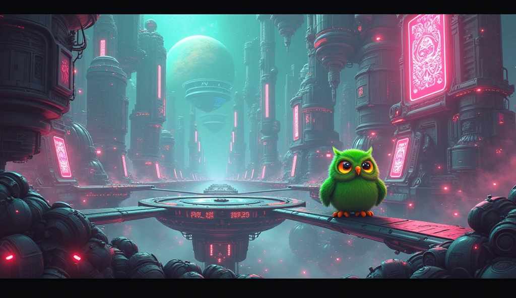 a technological maze in the universe, with a cartoon green owl, futuristic sci-fi landscape, ethereal energy fields, glowing neon structures, complex machinery, floating platforms, complex circuits, holographic screens, dynamic lighting effects, cinematic camera angle , digital art, 8k, high quality, photorealistic, intricate details, stunning images, vibrant colors, spectacular lighting, perfect composition in landscape format
