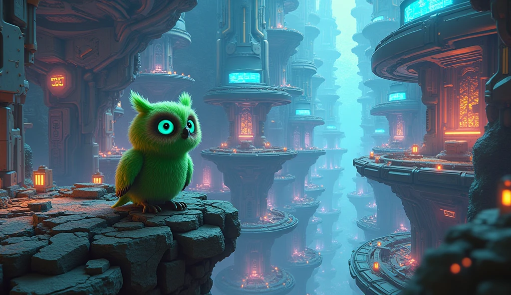 a technological maze in the universe, with a cartoon green owl, futuristic sci-fi landscape, ethereal energy fields, glowing neon structures, complex machinery, floating platforms, complex circuits, holographic screens, dynamic lighting effects, cinematic camera angle , digital art, 8k, high quality, photorealistic, intricate details, stunning images, vibrant colors, spectacular lighting, perfect composition in landscape format