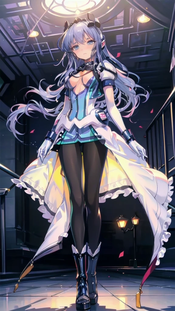 Highest quality,symphony_sugar,Light blue hair,Dark blue eyes,hair ornaments,Long Hair,White Long_gloves,light blue short dress,Black Pantyhose,High heels, ,Show me your boots,gloves,elegant, 1 person, cute, Blushed, Looking at the audience, From below, prison,Beautiful Eyes, Beautiful background, Particles of light, Light of the sun, Dramatic lighting, outside, Shiny, Realistic, Highest quality, Very detailed, Get used to it, scenery, Beautiful and detailed, Thin Hair,Full Body Shot,